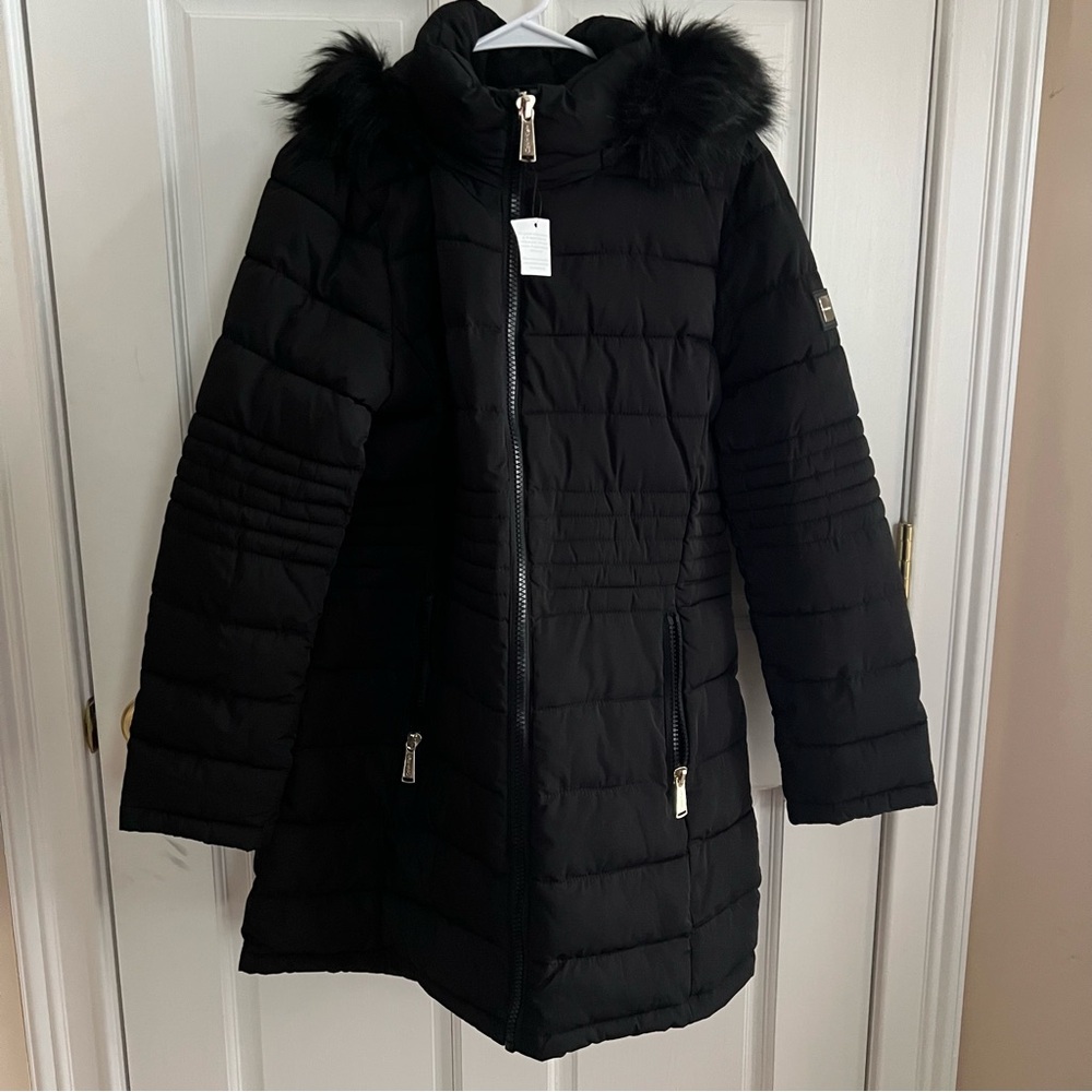 NWT Womens Black CALVIN KLEIN Stylish Coat Removable Faux Fur Collar Size Large